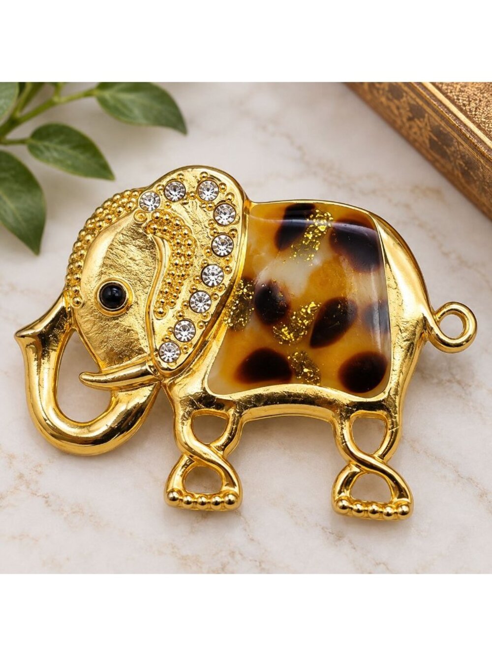 Kenneth Cole Elephant Brooch Gold Tone Rhinestone Tortoise Shell Figural Pin